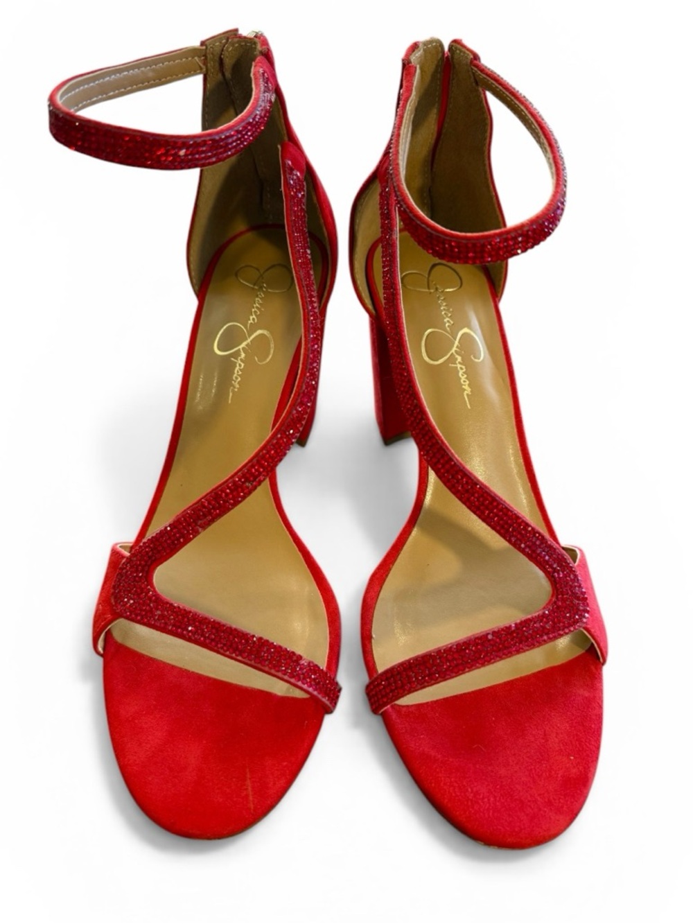Jessica Simpson Red Sparkle Ankle-Strap Block Heels Size 8.5
